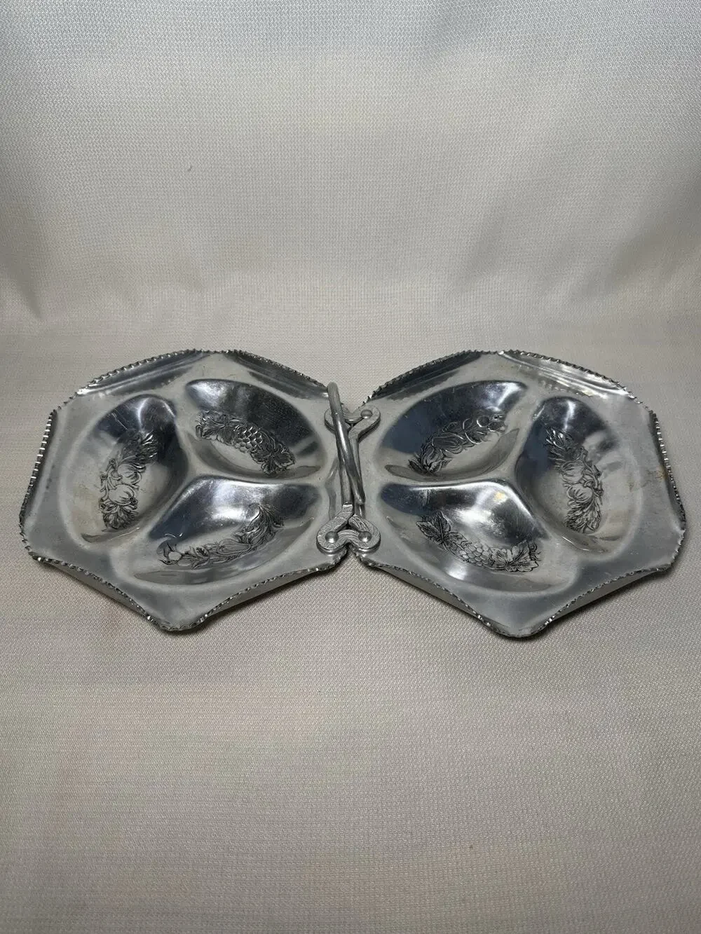Vintage Cromwell Hand Wrought Aluminum 14.75x8.5” Double Hexagon Tray Fruit